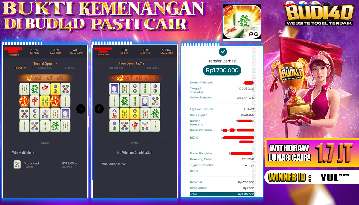 BUDI4D JACKPOT USERID: YUL**** SLOT PGSOFT MAHJONG WAYS Rp.1.700.000,- LUNAS